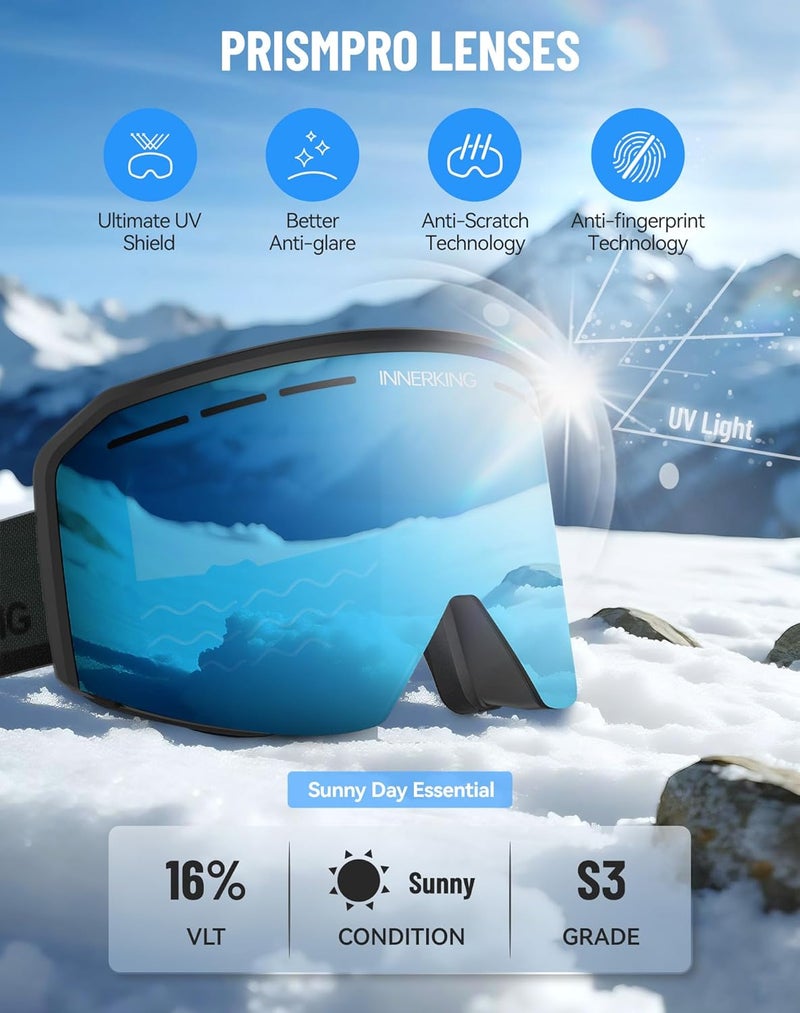 Innerking Ski/Snowboard Goggles OTG for Men Women & Youth - Over Glasses Snow Sports Goggles Anti Fog 100% UV400 Protection - Image 4